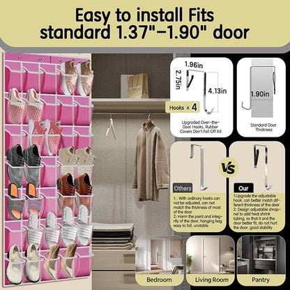 PAULONE 35 Pocket Over the Door Shoe Organizer,Reusable Breathable Large Mesh Bag Men's & Women's Sneaker Organizer,Shoe Organizer for Kids,Hanging Shoe Storage Hanging Bag (Pink)