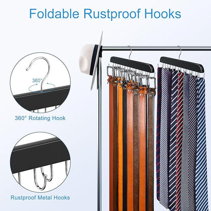 Belt Hanger for Closet, Sturdy Wood Belt Rack Closet Accessories with 14 Hooks Belt Organizer for Closet Organizers and Storage Max 42 Belts-Black 2 Pack