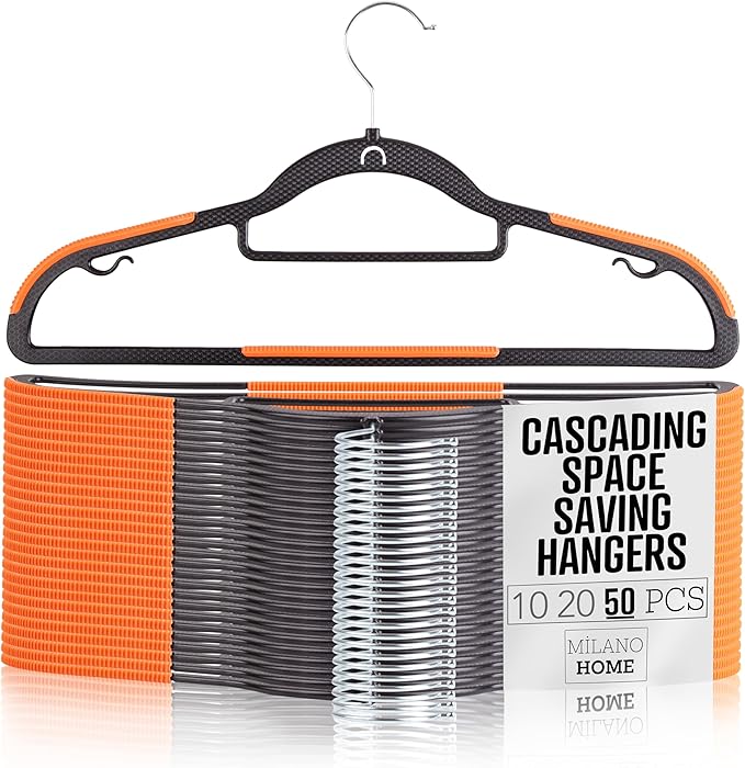 Plastic Hangers 50 Pack, Cascading Slim Space Saving Clothing Hangers with 360° Rotating Hook, Non Slip Clothes Hangers for Sweater Shirt, Heavy Duty Coat Hanger with Inner Hook for Closet, Black
