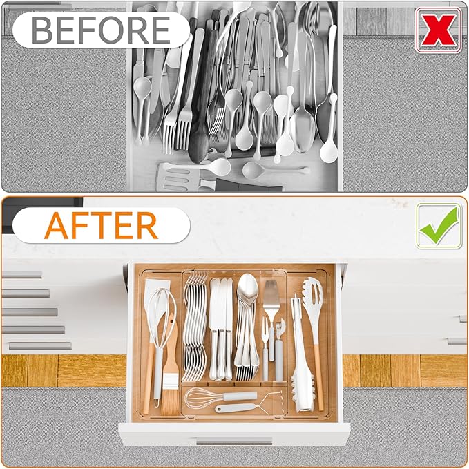 Yieach Clear Expandable Silverware Drawer Organizer,9.4-15.6In Adjustable Silverware Tray for Drawer,Acrylic Kitchen Utensil Drawer Organizer for Cutlery,Flatware Organizers and Fork and Spoon Holder