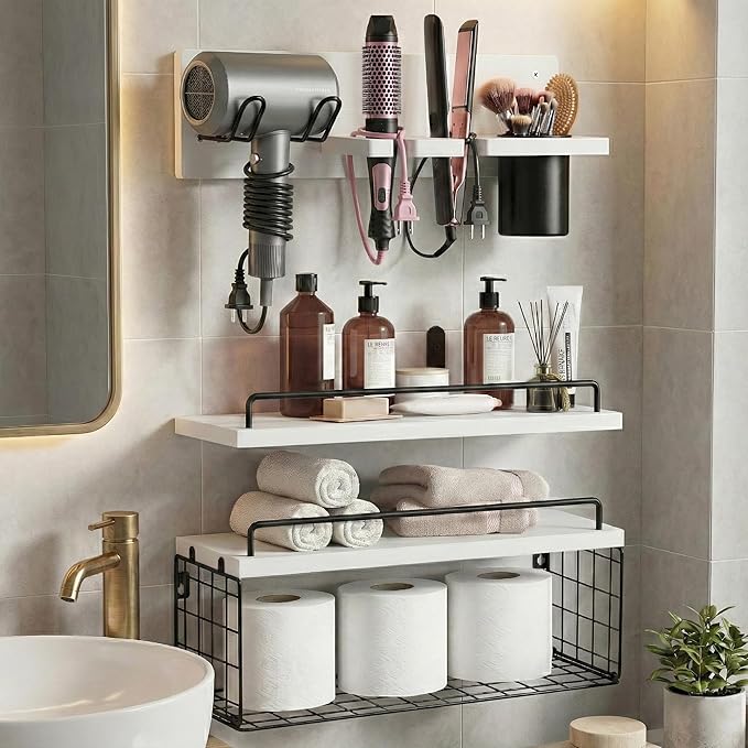 3-Tier Bathroom Floating Shelves with Curling Iron Holder & Hair Tool Organizer, Wall Mounted Rustic Wood Storage Rack Over Toilet with Hair Dryer Holder for Bathroom Decor & Organization