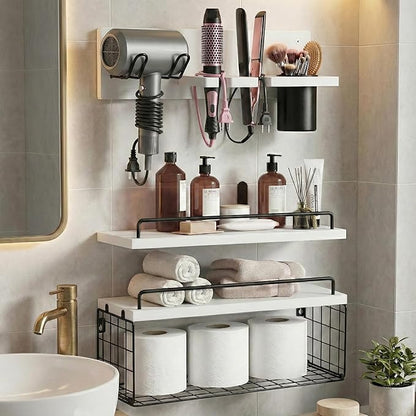 3-Tier Bathroom Floating Shelves with Curling Iron Holder & Hair Tool Organizer, Wall Mounted Rustic Wood Storage Rack Over Toilet with Hair Dryer Holder for Bathroom Decor & Organization