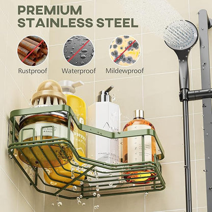 MAXIFFE 3 Pack X-Large Corner Shower Caddy with Soap Holder, Large Capacity and Easy Install, No Drilling Shower Shelves, Stainless Steel Shower Organizer Hold 40 LBS for Family Renters, Green