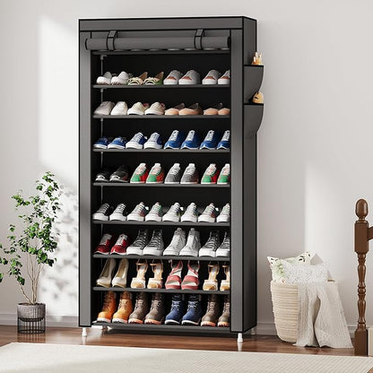 Laiensia 9-Tier Vertical Shoe Rack Organizer, Space Saving Shoe Storage Organizer, Non-Woven Cover Shoe Shelf Holds 36-45Pairs for Bedroom, Hallway, Closet Entryway, Grey