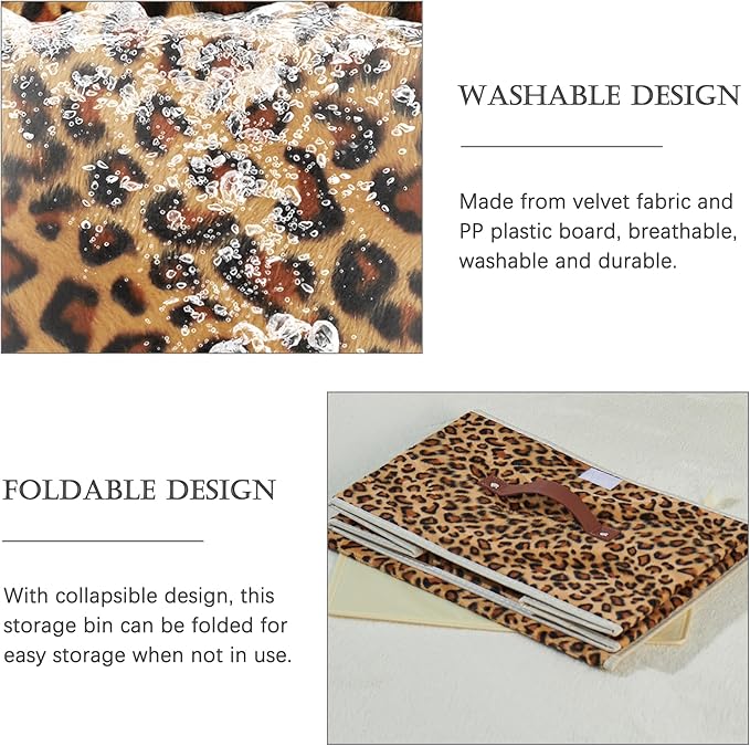 2PCS Storage Bin with Lid Leopard Print Cute Velvet Fabric Storage Basket Box Faux Leather Handles PP Plastic Board Foldable Washable Lidded Closet Shelf Organizer Container (Small Size)