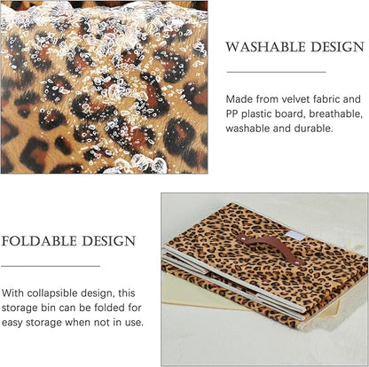 2PCS Storage Bin with Lid Leopard Print Cute Velvet Fabric Storage Basket Box Faux Leather Handles PP Plastic Board Foldable Washable Lidded Closet Shelf Organizer Container (Large Size)