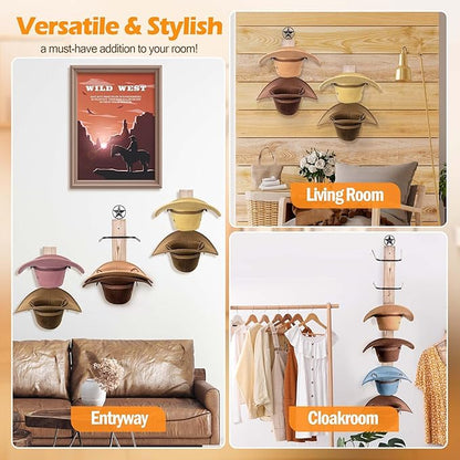 Cowboy Hat Rack Holder for Wall: 6 Pack Cowboy Hat Rack for Wall Mount, Metal Wild Western Style Design Hat Organizer Storage Cowboy Hats Hanger Hooks for Fedora, Sun Hats, Wide Brim