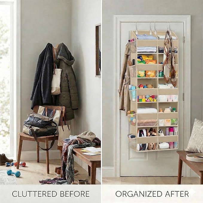Dual Column Over the Door Organizer with Toiletry Bag - 5 Self Hanging Organizer with 10 Compartments - Heavy Duty Behind the Door Storage for Bedroom, Bathroom, Pantry, Nursery (Grey)