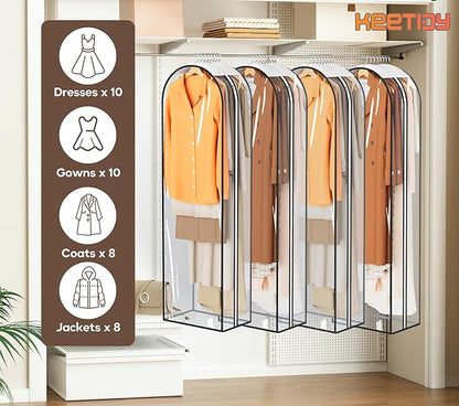 KEETDY 10" Guessted Garment Bags for Hanging Clothes, All Clear 60" Long Dress Bag for Closet Storage for Gowns, Coats, Suits Cover（4 Packs）