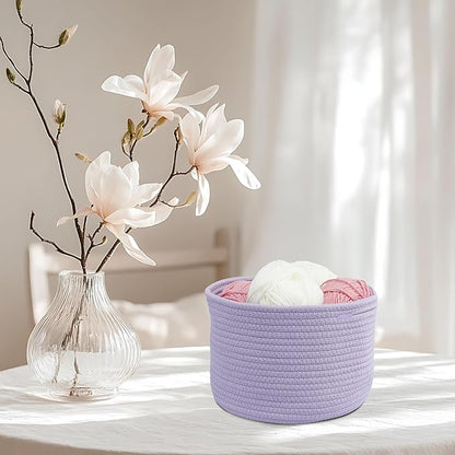 XUANGUO Small round Storage Basket - 3-Pack Round Cube Bins (10x10x7'') for Shelves, Closets & Bookcases | Durable Rope Organizers for Nursery, Baby, Toys, Easter & More (purple)