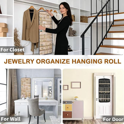 2 Pack Travel Jewelry Organizers and Storage Set: One with 48 Pockets for Earring & Ring, One with 43 Large Pockets for Bracelets & Watches, Hanging Storage Roll with Hanger for Closet Wall
