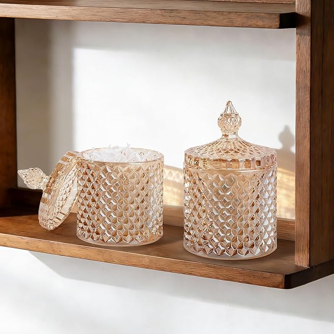 2 Pack Qtip Holder Thick Glass Apothecary Jars with Lid for Bathroom Decor Storage Organizer for Cotton Swabs, Balls, Pads, Floss Picks, Candy, Jewelry, Amber