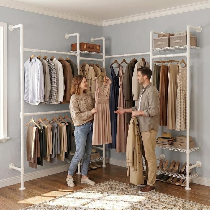 Wall Mounted Closet System – Adjustable Clothing Rack with 6 Hanging Clothes Rods( 4 Expandable Rods) & 6 Shelves, Heavy Duty Industrial Pipe Clothes Rack for Closet Organizer and Storage, White