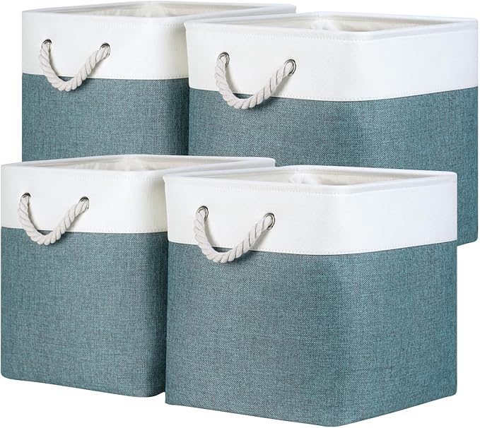 Temary Cube Bins 4 Pack Large Storage Cube Storage Baskets 13x13x13 Storage Cube Bins for Shelves with Handles, Fabric Storage Cubes for Gifts Empty (White&Dark Green)