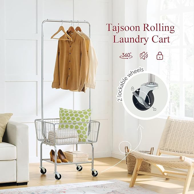 Tajsoon Laundry Cart with Hanging Rack, Metal Rolling Laundry Cart with Wheels and Storage Basket, Silver