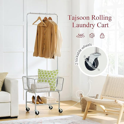 Tajsoon Laundry Cart with Hanging Rack, Metal Rolling Laundry Cart with Wheels and Storage Basket, Silver