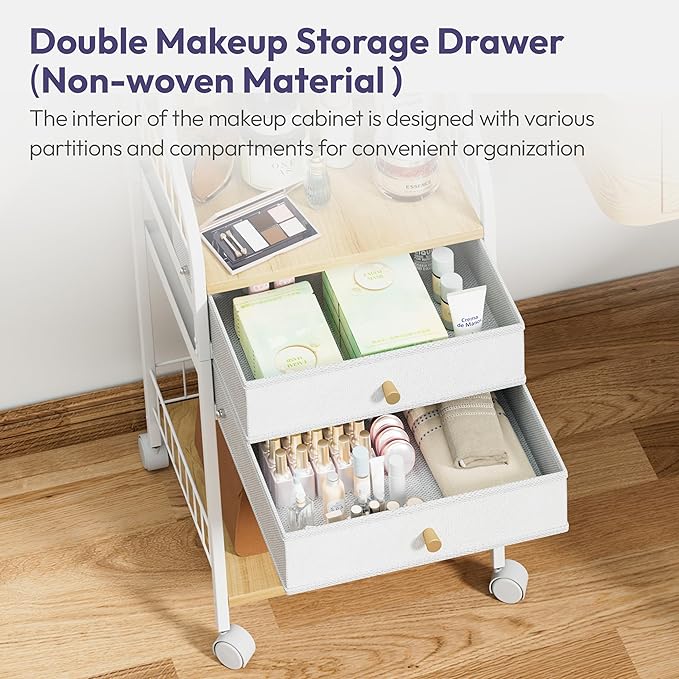 SWTYMIKI Rolling Makeup Organizer Cart - Floor Skincare Storage with Non-woven Drawers, Vanity Organizer Cosmetic Display Cases with Wheels, Cabinet for Skin Care Perfume Nail Polish Brush Hair Tool