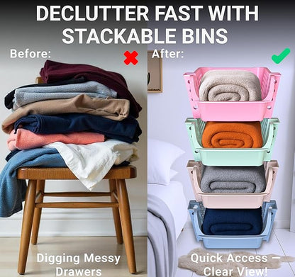 TidyFriend 4 Pack Stackable Storage Bins Open Front for Pantry Organizers and Storage, Plastic Storage Bins, Dorm Room Essentials, Pantry Storage for Snacks, Toiletries, and Small Essentials (Multi)