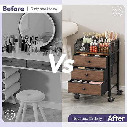 SWTYMIKI Rolling Makeup Organizer Cart - 14.96″*11.81″*23.03″ Widened Under Desk Vanity Storage with 3 Non-woven Drawers, Cosmetic Display Cases for Skin Care Perfume Nail Polish Brush Hair Tool Black
