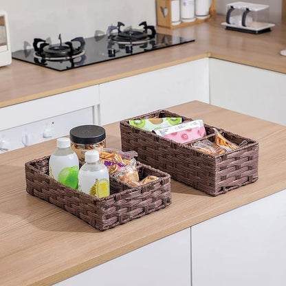 Toilet Tank Topper Paper Basket Multiuse Hand Woven Plastic Wicker Basket Bins with Divider for Shelves Rustic Farmhouse Bathroom Decor Countertop Organizer Storage