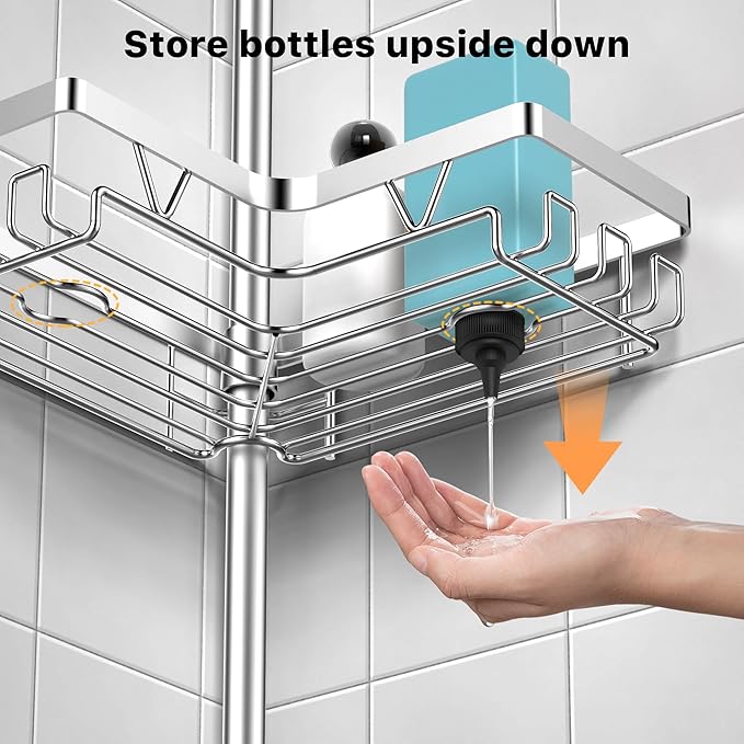 KEGII Corner Shower Caddy Tension Pole, Adjustable Shower Tension Rod Organizer, Floor to Ceiling Shower Caddy 25-114.2 inch, Silver
