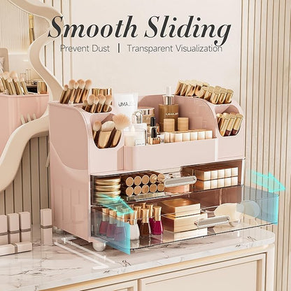 Delamu Large Makeup Organizer Countertop with 6 Brush Holders, Makeup Organizers for Vanity with 2 Large Drawers, Easy to Store Skincare, Lipsticks, Nail Polishes, Perfumes, Eyeshadow Palettes, Pink