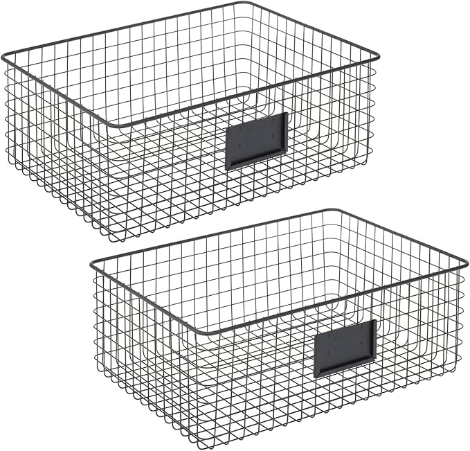 mDesign Wide Steel Wired Storage Organizer Bin Baskets with Label Slot for Kitchen Pantry, Cabinet, Organizing Holder for Food, Drinks, Snacks, Produce, Omaha Collection, 2 Pack, Matte Black