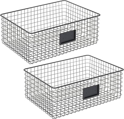 mDesign Wide Steel Wired Storage Organizer Bin Baskets with Label Slot for Kitchen Pantry, Cabinet, Organizing Holder for Food, Drinks, Snacks, Produce, Omaha Collection, 2 Pack, Matte Black