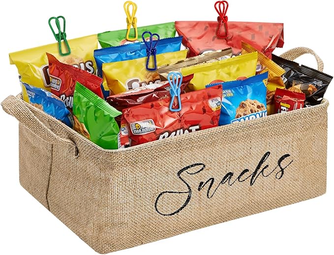 DEAYOU 2 Pack Snack Organizer for Pantry, Burlap Snack Storage Bins with 30 Pcs Bag Clips, Foldable Basket Containers with Handle for Countertop, Kitchen, Office, Chips, Popcorn, Candy, Pretzels