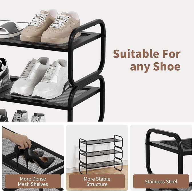 3 Tier Shoe Rack - Expandable Shoe Organizer for Closet, Adjustable Metal Shoe Shelf Storage, Stackable Long Shoe Stand Holder for Garage, Entryway, Door Entrance