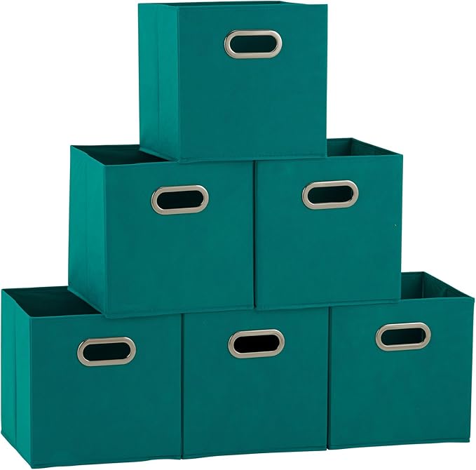 Household Essentials Fabric Storage Cubes 6 Pack – 11x11x11 Foldable Non-Woven Bins with Chipboard Sides & Grommet Handles – Stackable Cube Organizer for Closet, Nursery, Shelf, or Office – Aqua