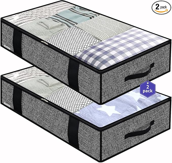 Onlyeasy Foldable Underbed Bags - 2 Pack Blankets Clothes Comforters Storage Bag Breathable Zippered Organizer for Bedroom with Clear Window and 4 Handles, 100 x50 x15cm, Linen-Like Black, MXAUBBP2