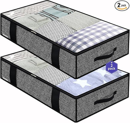 Onlyeasy Foldable Underbed Bags - 2 Pack Blankets Clothes Comforters Storage Bag Breathable Zippered Organizer for Bedroom with Clear Window and 4 Handles, 100 x50 x15cm, Linen-Like Black, MXAUBBP2