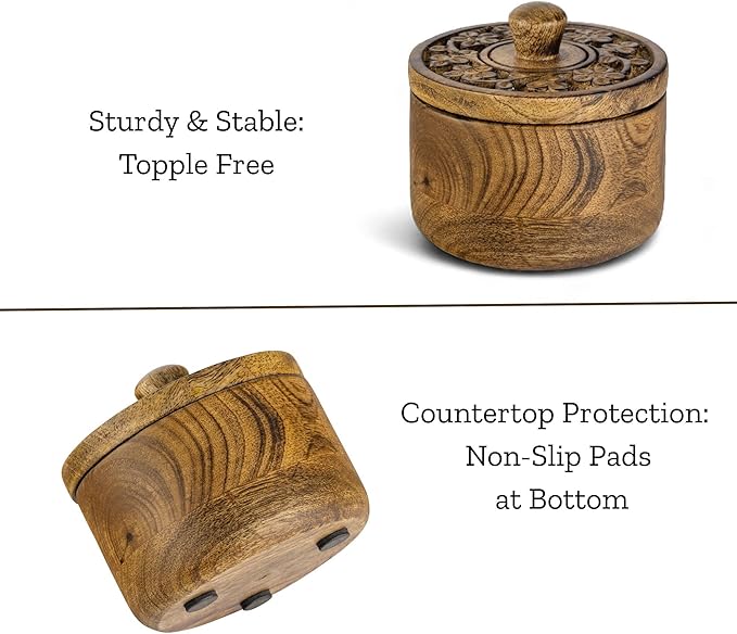 Mie Creations Rustic Salt Box Cellar with Hand Carved Lid & Spoon, Wooden Salt Pinch Bowls | Wood Salt Pepper Keeper, Spice Bowls for Cooking, Sugar Holder for Kitchen, Christmas Thanksgiving Decor
