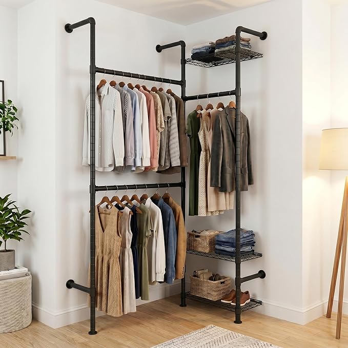 Wall Mounted Closet System – Adjustable Clothing Rack with 2 Expandable Rods & 3 Shelves, Heavy Duty Industrial Pipe Clothes Rack for Closet Organizer and Storage, Black