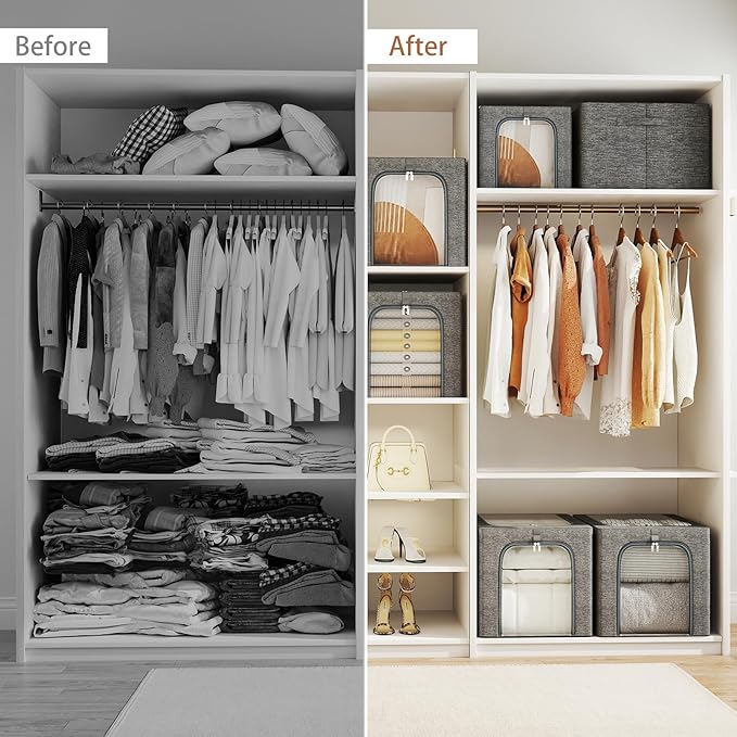 GoMaihe Clothes Storage Bins with Metal Frame, 4-Pack Closet Storage Bins with Lid & Clear Window, Sweater Boxes Organizer for Closet, Clothing Storage, Cationic Fabric 40L