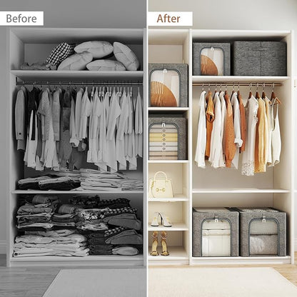 GoMaihe Clothes Storage Bins with Metal Frame, 4-Pack Closet Storage Bins with Lid & Clear Window, Sweater Boxes Organizer for Closet, Clothing Storage, Cationic Fabric 40L
