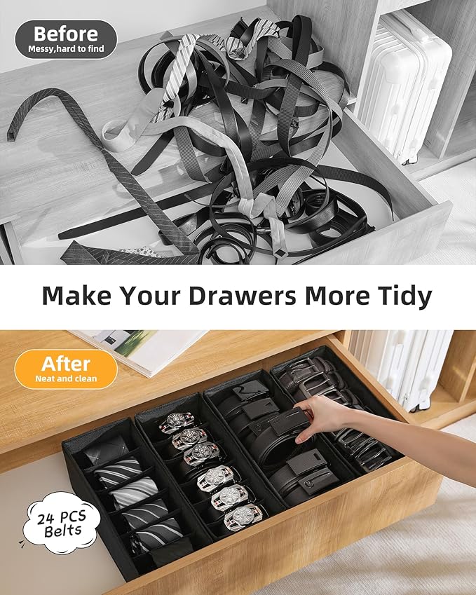 4 PCS Belt Organizer for Closet, 6 Grids Belt Holder, Washable Belt Box, Foldable Tie Organizer for Men, Belt Storage for Drawer (Black, card window)