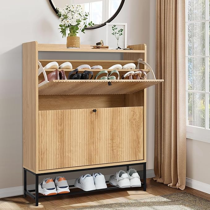RARZOE Fluted Shoe Cabinet for Entryway with 2 Flip Drawers, Narrow Wood Shoe Cabinet with Fluted Panel, Slim Hidden Shoe Organizer Closed Shoe Rack with Metal Legs for Foyer,Hallway(31.5''Natural)