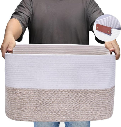 Large Cotton Rope Storage Basket with Leather Handles, Laundry Hamper Basket, 20 "L x 14" W x 12 "H, Durable & Stylish Organizer for Home.(Large Light Khaki)