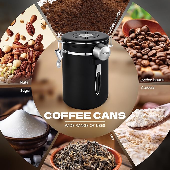 Coffee Canisters with Window,Scoop and Airtight Lid Stainless Steel Kitchen Bean Storage Grounds Container Date Tracker and Scoop for Grounds Coffee Bar Accessories (Black+window, 38 oz)