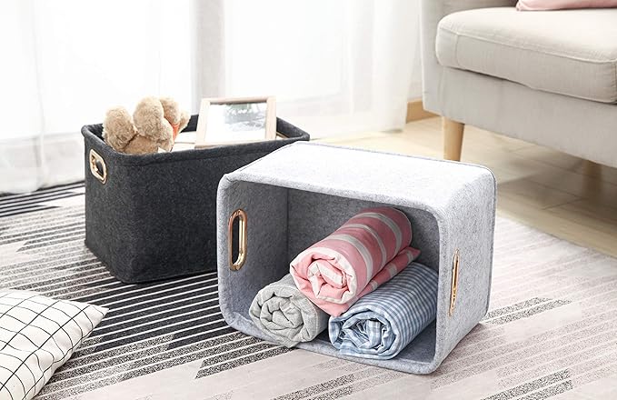 Collapsible Storage Bins Foldable Felt Fabric Storage Basket Organizer Boxes Containers with Handles Metal Handles for Nursery Toys,Kids Room,Clothes,Towels,Magazine (Light grey, 15.9L×11W×9.8H)