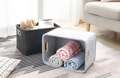 Collapsible Storage Bins Foldable Felt Fabric Storage Basket Organizer Boxes Containers with Handles Metal Handles for Nursery Toys,Kids Room,Clothes,Towels,Magazine (Light grey, 15.9L×11W×9.8H)