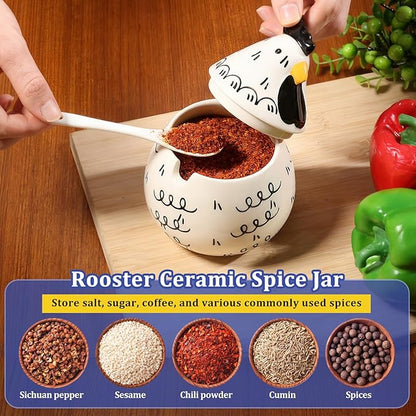 Ceramic Salt Cellar with Lid and Spoon,17oz Large Chicken Rooster Cookie Jar Salt Containers Holder for Countertop Spices,Cute Farmhouse Kitchen Decor,Spice Jar for Coffee,Sugar,Spices,Candies (#D)