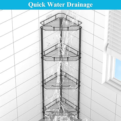 HuggieGems 4 Tier Floor Standing Corner Shower Caddy Organizer Shelf with Hooks, Bathroom Shelves Stand Rack, Matt Black
