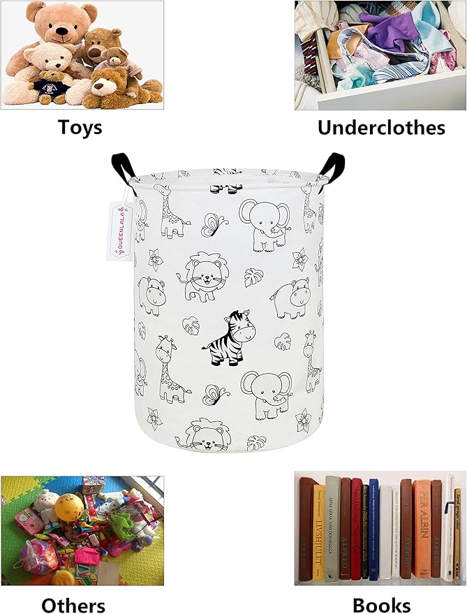 QUEENLALA Large Storage Basket,Laundry Hamper/Bathroom/Home Decor/Collapsible Round Storage Bin,Boys and Girls Hamper/Boxes/Clothing(Round-Zoo)