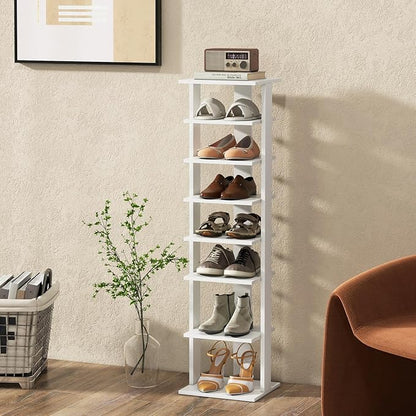 BETTARY 8 Tier Vertical Shoe Rack, Narrow Wooden Corner Shoe Organizer for Small Spaces, Removable Shelves, Anti-toppling Device, Shoe Tower for Entryway, Closet, Bedroom (White, Single Row)