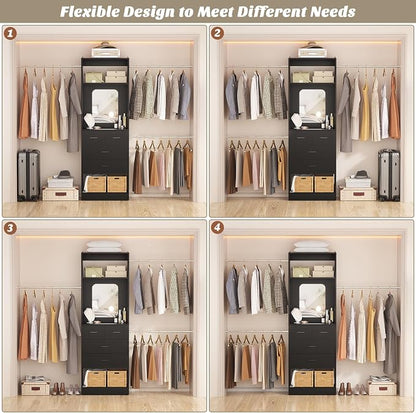 Unikito 96” W Closet Systems, Adjustable 8FT Walk in Closet Organizer Starter Kit with 25” Tower and 3 Hanging Rods, Sturdy Garment Rack with 4 Drawers and Mirror, Black
