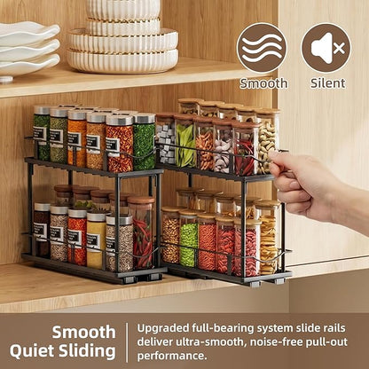 2 Packs Pull Out Spice Rack Organizer for Cabinet, 2-Tier Slide Out Seasoning Organizer, Narrow Cabinet Spice Rack, 10.7" Dx4.8 Wx8.85 H, Full Extension Ball Bearing Glides, Kitchen Pantry Organizer