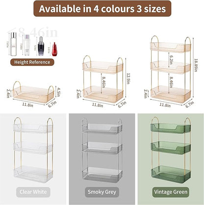 YCIA&DONE Bathroom Organizer Countertop, Makeup Storage, Skincare Cosmetic Tray Shelf, Perfume Holder Rack for Vanity Counter, Large Capacity, Easy to Install, Clean, 3 Tiers, Amber Gold